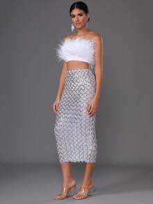 Modphy 羽毛仿真性感無肩帶鑲珠修身連身裙套裝 - 銀色 - 查看 5