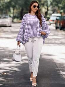 SHEIN LUNE 格纹印花灯笼袖衬衫 - 紫色 - 查看 3