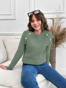 RueChic Teen Girls' Button Up Raglan Sleeve Sweater - Green - View 1