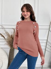 RueChic Teen Girls' Button-down Drop Shoulder Sleeve Sweater - Watermelon Pink - View 3