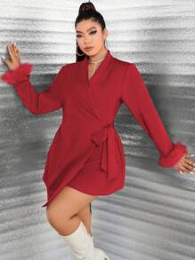 Allurite Hơn 	
Fuzzy Cổ tay áo Nút ven Váy quấn - Đỏ - Xem 1