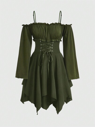 Fairycore Renaissance Cross Strap Backless Cold Shoulder Dress