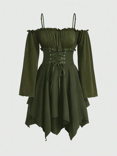 ROMWE Fairycore Renaissance Cross Strap Backless Cold Shoulder Dress