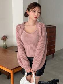 FRIFUL Women'S Solid Color Drop Shoulder Cardigan - Pink - View 5