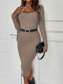 SHEIN Clasi 方領毛衣洋裝(無腰帶) - 卡其色 - 查看 6