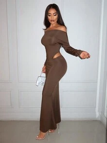 SHEIN SXY Off Shoulder Bodysuit & Fishtail Hem Skirt - Brown - View 4