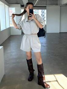 Dazy Star Zipper Front Half Sleeve Top And Shorts Set - Light Grey - View 7