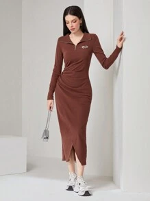 Mulvari Women's Slim Fit Pleated Dress With Letter Print - Coffee - View 2