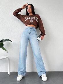 EURMUSE Solid Color Straight Leg Casual Denim Pants - Light Wash - View 3