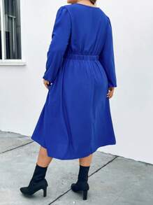 Celure Bow Knot Decorated Lantern Sleeve Dress - Blue - View 2