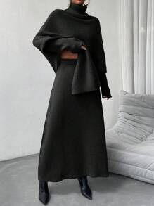 Chiquease Women's Asymmetric Hem Knitted Sweater And Knit Skirt Set - Black - View 6