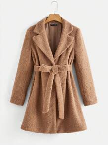 SHEIN 孕妇泰迪羊毛单排扣大衣，冬季 - 棕色 - 查看 5