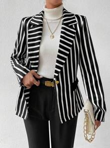 SHEIN Frenchy Striped Print Single Button Blazer - Black - View 3