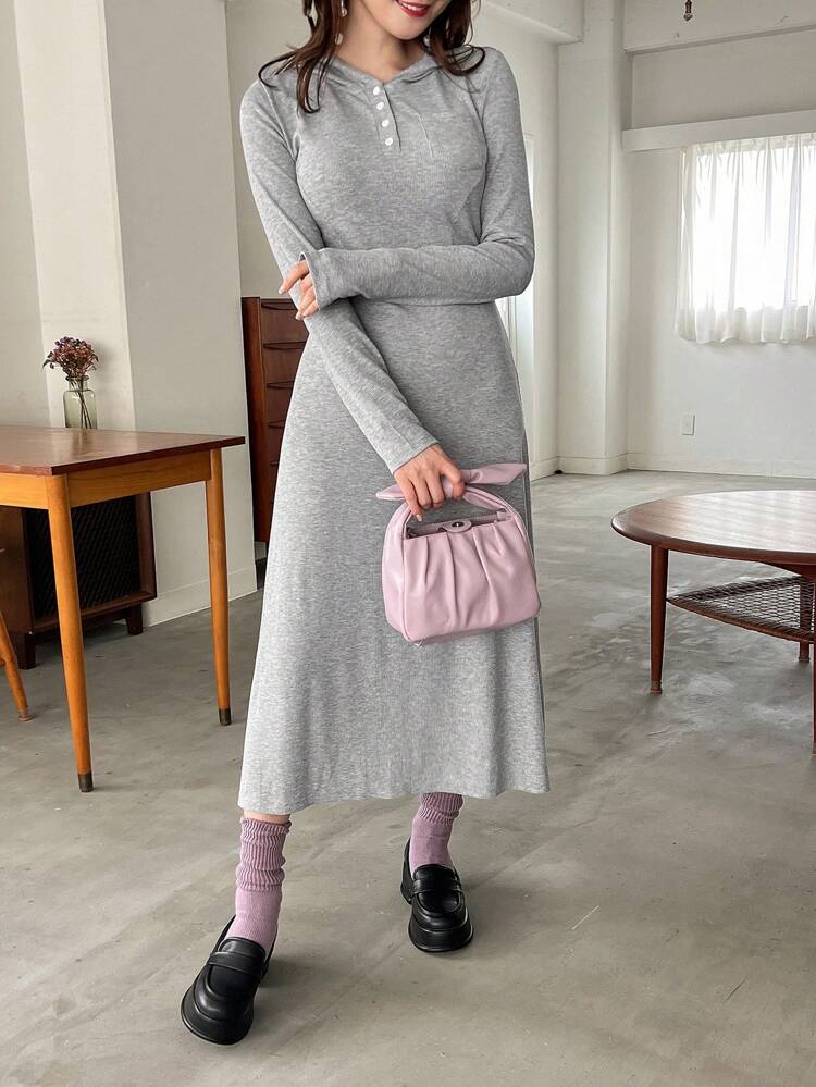 Women's Hooded Dress With Button Details, Fall Dress Long Sleeve Dress