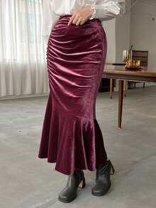 FRIFUL Velvet Mermaid Hem Ruched Skirt - Red Violet - View 6