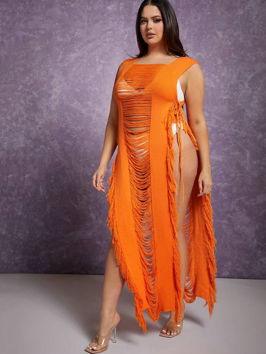 Hauture 大码流苏下摆系带针织连衣裙 - 橘色 - 查看 1