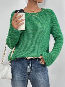 SHEIN Essnce Đúng mốt Vòng cổ Màu thuần Tay Raglan Áo len - trắng - Xem 6