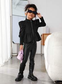 SHEIN Young Girl Gigot Sleeve Ruffle Hem Blouse - Black - View 4