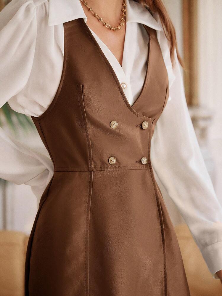 Button Front PU Leather Dress Without Shirt Winter Elegant Brown Evening Dress