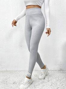 Chiquease 纯色宽腰带保暖内衬保暖紧身裤