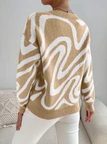 SHEIN LUNE 图案落肩针织套头衫，适合秋冬季穿着 - 卡其色 - 查看 2