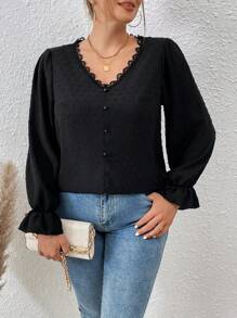 SHEIN Franclia Plus Swiss Dot Guipure Lace Trim Flounce Sleeve Blouse - Black - View 1