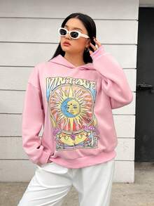SHEIN EZwear 大碼粉色的休閒卡通圖案長袖女性運動衫適用於秋天和冬天 - 粉色 - 查看 3