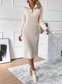 SHEIN LUNE Quarter Zip Ribbed Knit Sweater Dress - Apricot - View 1