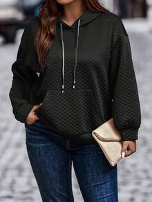 Calvaya Plus Size Kangaroo Pocket Drawstring Hooded Loose Sweatshirt - Black - View 4