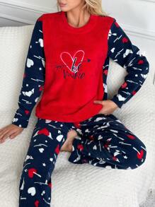RueChic Letter And Heart Embroidery Flannel Pajama Set - Red - View 1