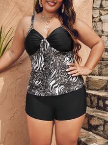 SHEIN Swim Curve Plus Size Women's Zebra Print Tankini With Shorts - Multicolor - View 7