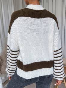 SHEIN LUNE Striped Drop Shoulder Knit Pullover Fall Winter Sweater - Beige - View 2