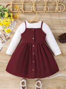 SHEIN 2入組少女休閒長袖肋紋圓領上衣和灯芯絨鈕扣吊帶裙冬季套裝 - 酒紅色 - 查看 1