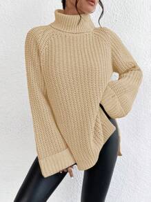 EURMUSE High Neck Raglan Sleeve Split Hem Sweater - Apricot - View 4