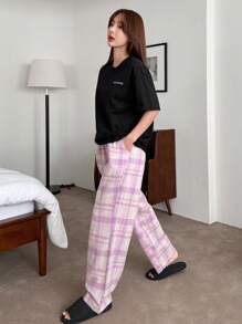 DAZY 字母图案落肩T恤和格子印花裤休闲套装睡衣 - 黑色 - 查看 5
