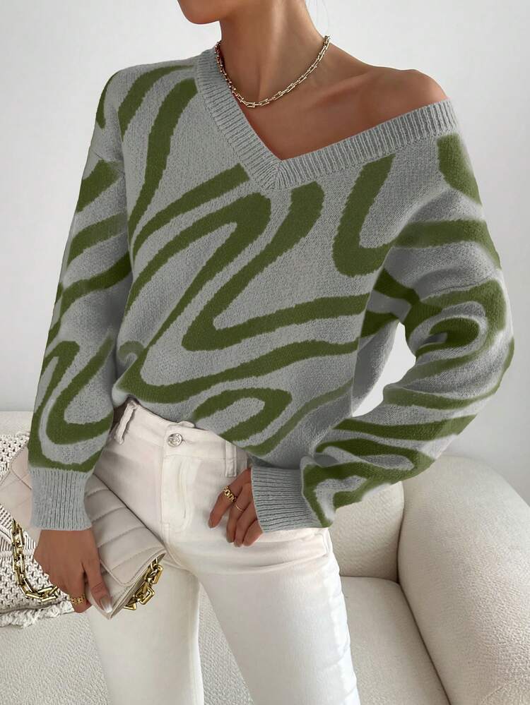 Graphic Pattern Drop Shoulder Knit Pullover Fall Winter Sweater