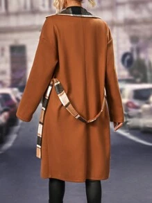 SHEIN LUNE Women's Plaid Belted Woolen Jacket - Mocha Brown - View 2