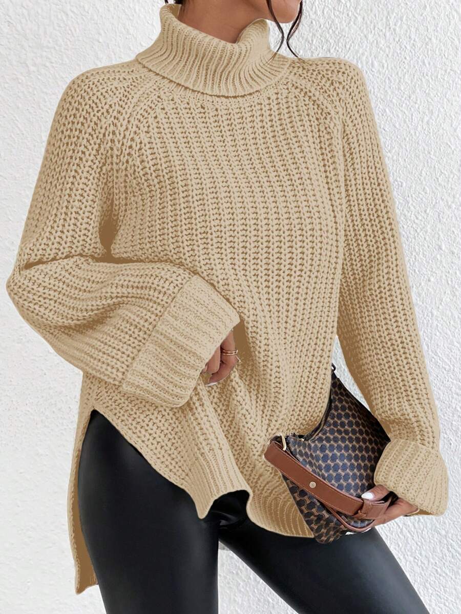 EURMUSE High Neck Raglan Sleeve Split Hem Sweater - Apricot - View 1