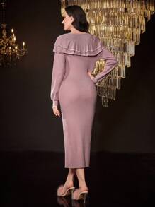 Modelyn Women's Round Neck Ruffle Trim Slim Fit Sweater Dress - Dusty Pink - View 2