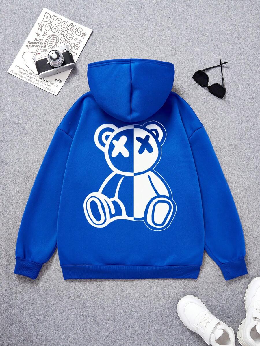青少年男孩小熊印花袋鼠口袋加絨內裏連帽衫