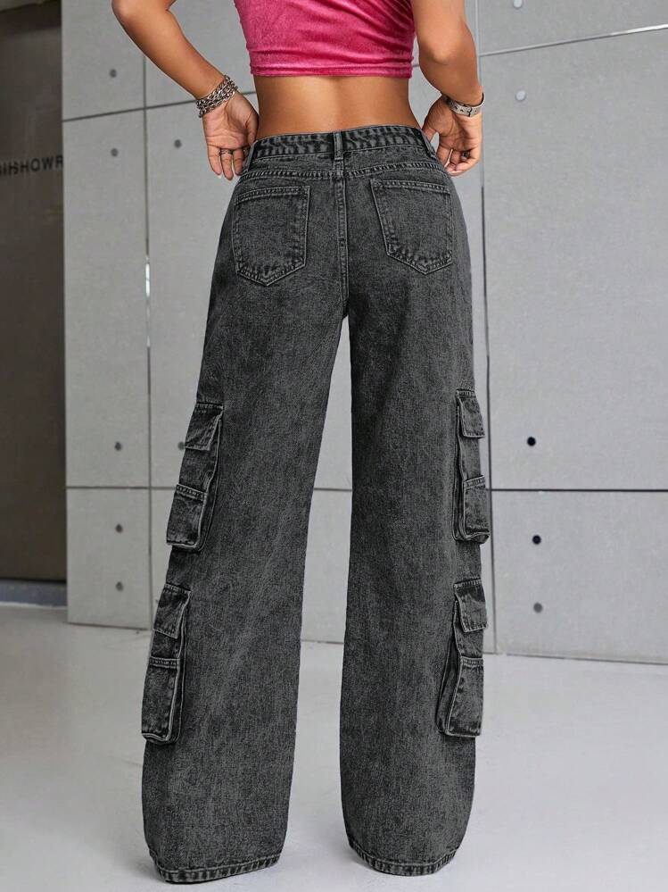 SHEIN ICON 翻蓋口袋工裝牛仔褲 - 灰色 - 查看 2