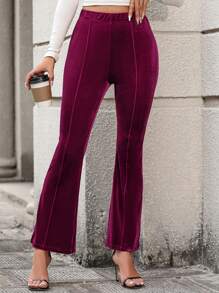 SHEIN LUNE High Waist Flare Leg Pants - Red Violet - View 4