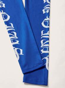 SHEIN EZwear 字母圖案插肩袖拉鏈開襟彈力緊身連體短褲 - 黑色 - 查看 5