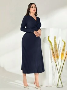 Modelyn Twist Front Ribbed Knit Dress - Navy Blue - View 6