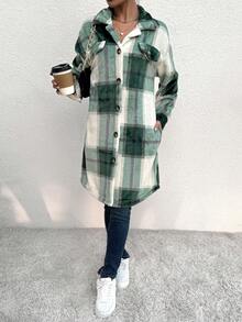 SHEIN Privé Plaid Print Drop Shoulder Flap Detail Coat - Dark Green - View 6
