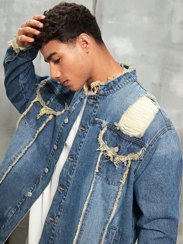 Men's Oversized Distressed Frayed Edge Denim Jacket