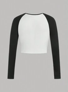 少女休閒街頭拼色套接縫縱肩袖針織TEE - 黑與白 - 查看 2