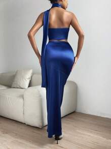 SHEIN X Bru Zolique 單肩垂墜短款上衣&魚尾短裙 - 藏蓝色 - 查看 3