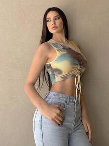 SHEIN Essnce Của phụ nữ Nhuộm buộc Hem Dây rút Áo ba lỗ - Nhiều màu - Xem 3
