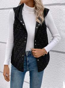 EMERY ROSE Snap Button Hooded Vest Coat - Black - View 4